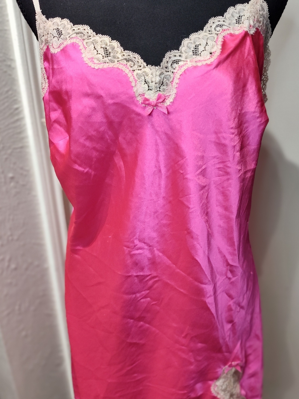Victoria's Secret Hot Pink Satin Chemise with Cream Lace Trim